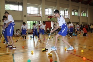 フロアブラシでボールをゴールに入れる競技を行う総合支援学校の男子生徒