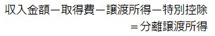 収入金額から取得費と譲渡費用と特別控除を差し引いた金額が土地や建物の分離譲渡所得です