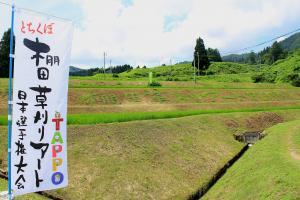 棚田草刈りアートのぼり旗と作品