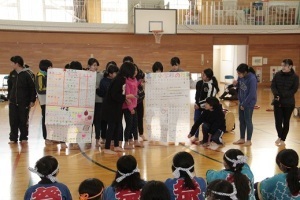 地域、特産品などの紹介をする嘉芸小学校の児童