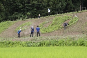 鎌や草刈り機を手に作品をつくる参加者たち