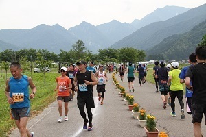 ハーフマラソンコースである国際大学を走る選手たち