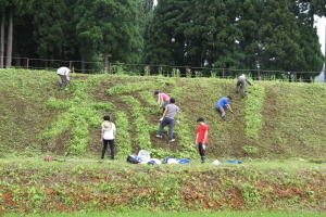 鎌で作品を作る参加者たち