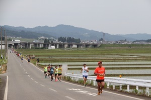 城巻橋付近の魚野川沿いを走るランナー達