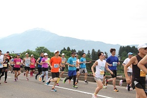 八海山を背景に浦佐大橋の上を走るランナー達